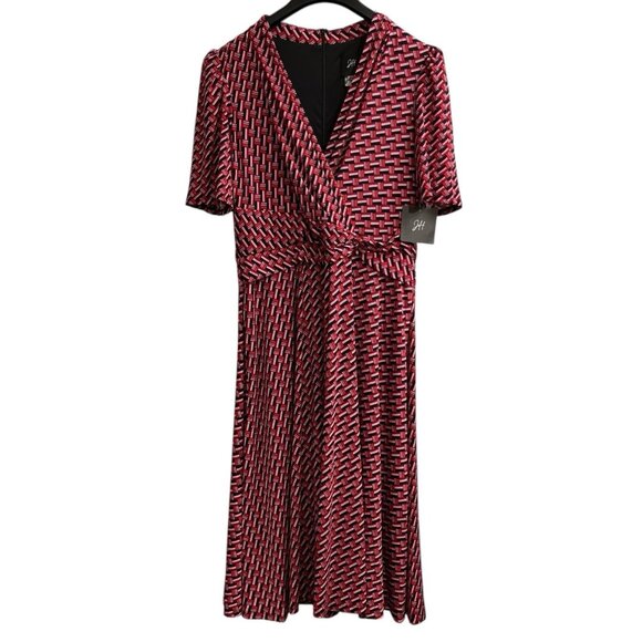 JH‎ Dress Womens 14 Pink Red Geometric Jersey Knit Midi  Surplice V Neck A Line - Picture 1 of 11